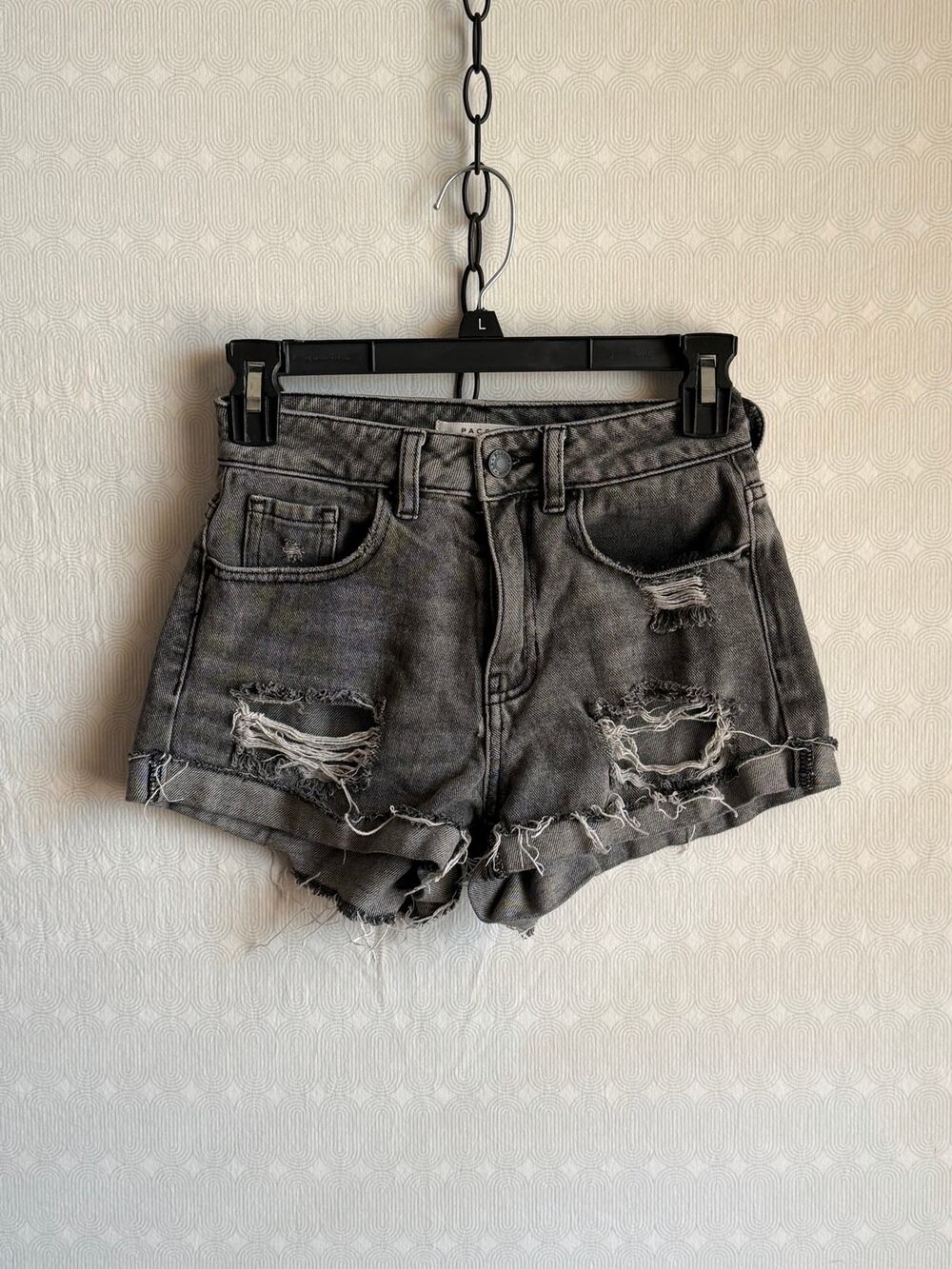 PacSun Womens Distressed Denim Shorts Black Gray Wash Cuffed